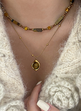 复古天然虎眼石双层叠戴项链女