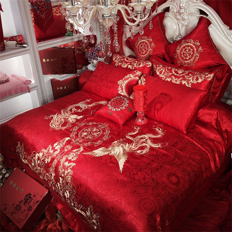 网红新款绣花婚庆四件套大红结婚床上用品六件套婚床套件刺绣被套