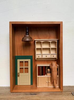 木质木雕猫咪小夜灯微缩场景小屋店内装饰桌面创意礼品实木制摆件