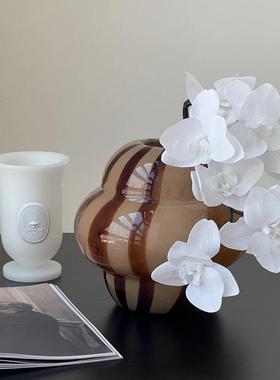 复古中古风拼色条纹大圆肚玻璃花器手工艺术装饰花瓶插花摆件ins