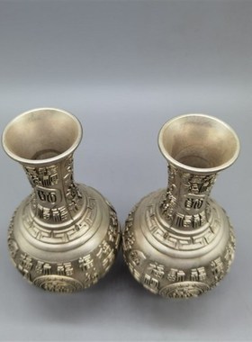 速发复古百鎏银铜福花瓶一对器型厚重色泽雅盎古意致然品相极好