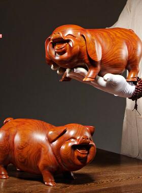 71tx黑檀实木质雕刻一对猪摆件十二生肖动物猪家居木工装饰红桌面