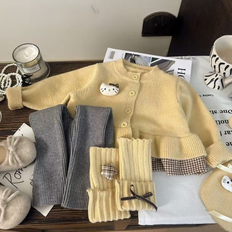 女宝宝春秋季套装儿童纯棉针织开衫拼接打底裤两件套2025女童毛衣,淘宝优惠券,粉丝福利购,淘宝优惠卷