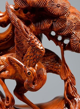 速发花居木雕松鹤延年摆件实送家梨客厅玄关装饰品红木贺寿木礼工