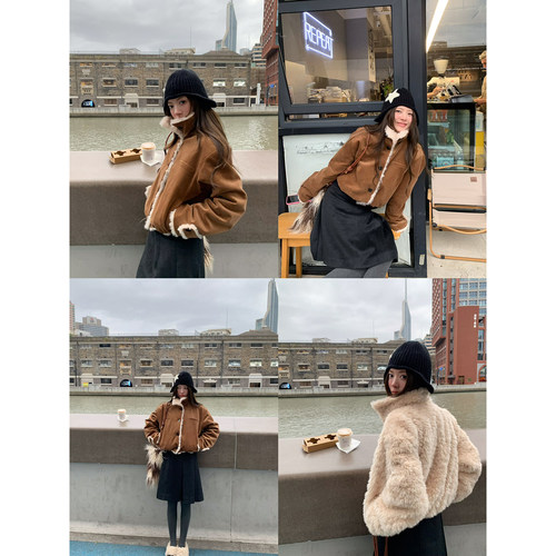 牙套大汪【新贵千金】棕立领设计短款防风保暖正反两穿仿毛绒外套 - 图2