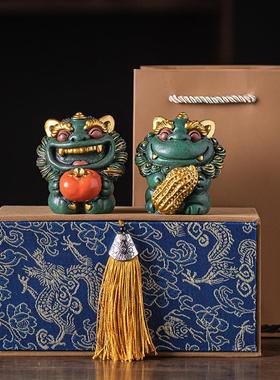 创意青砂石招财石狮子线香插香炉彩金茶宠一对家居办公桌摆件礼品