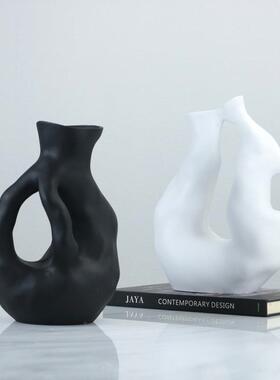 现代极简黑白色酒鬼花器抽象异形树脂摆件插干花瓶玄关餐台桌装饰
