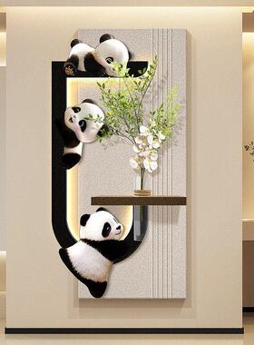 奶油风熊猫玄关装饰画水培绿植走廊过道挂画黑白灰入户砂岩壁画