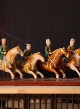 仿古唐朝代陶器陶马陶俑打马球俑摆件马球俑工艺品中式家居饰