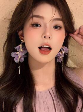 超仙紫色网纱花瓣流苏耳环女