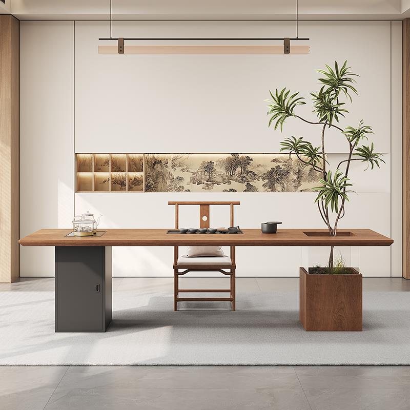 Potted Zen black walnut color tea table and chair combination new Chinese style solid wood tea table office home tea table