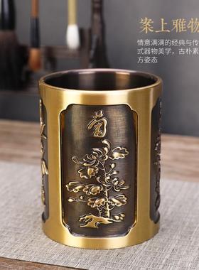 纯黄铜实心笔筒家用室内书房桌面商务收纳盒茶道办公装饰礼品摆件