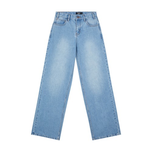 Oneup全棉100%高腰冰蓝浅色宽松直筒牛仔裤女百搭休闲通勤长裤子 - 图3