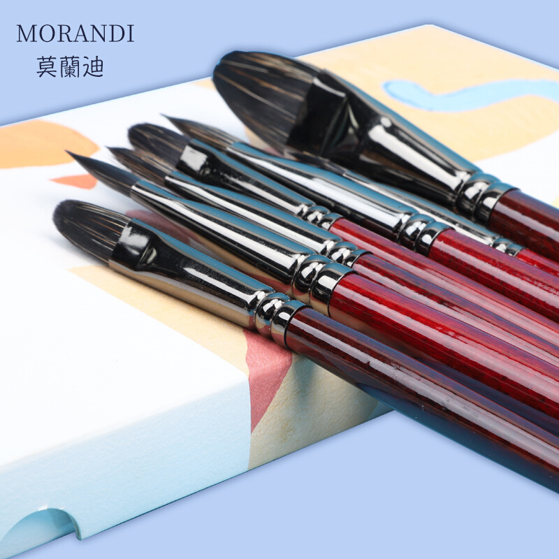 莫兰迪石獾毛水彩笔油画笔丙烯笔水粉笔9307平头圆头榛形长杆画笔