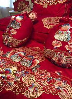 结婚红色四件套长绒棉刺绣婚庆家纺结婚四件套床上用品鸳鸯戏水