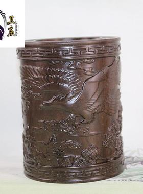 复古笔筒木头雕刻工艺品摆件黑梓木书法圆形笔筒办公用品收纳