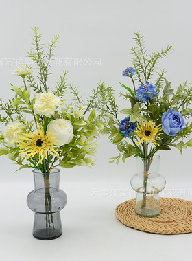 仿真绢花玫瑰混合花束插花客厅餐桌摆放装饰拍摄道具草木集手扎花