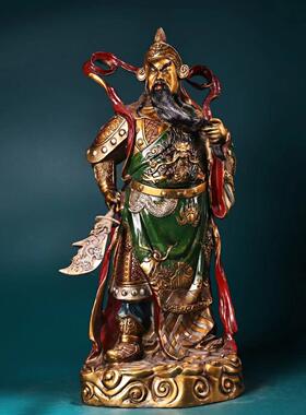 黄铜全铜高浮雕錾刻彩绘描金关公一尊工艺精湛造像精美收藏品摆件