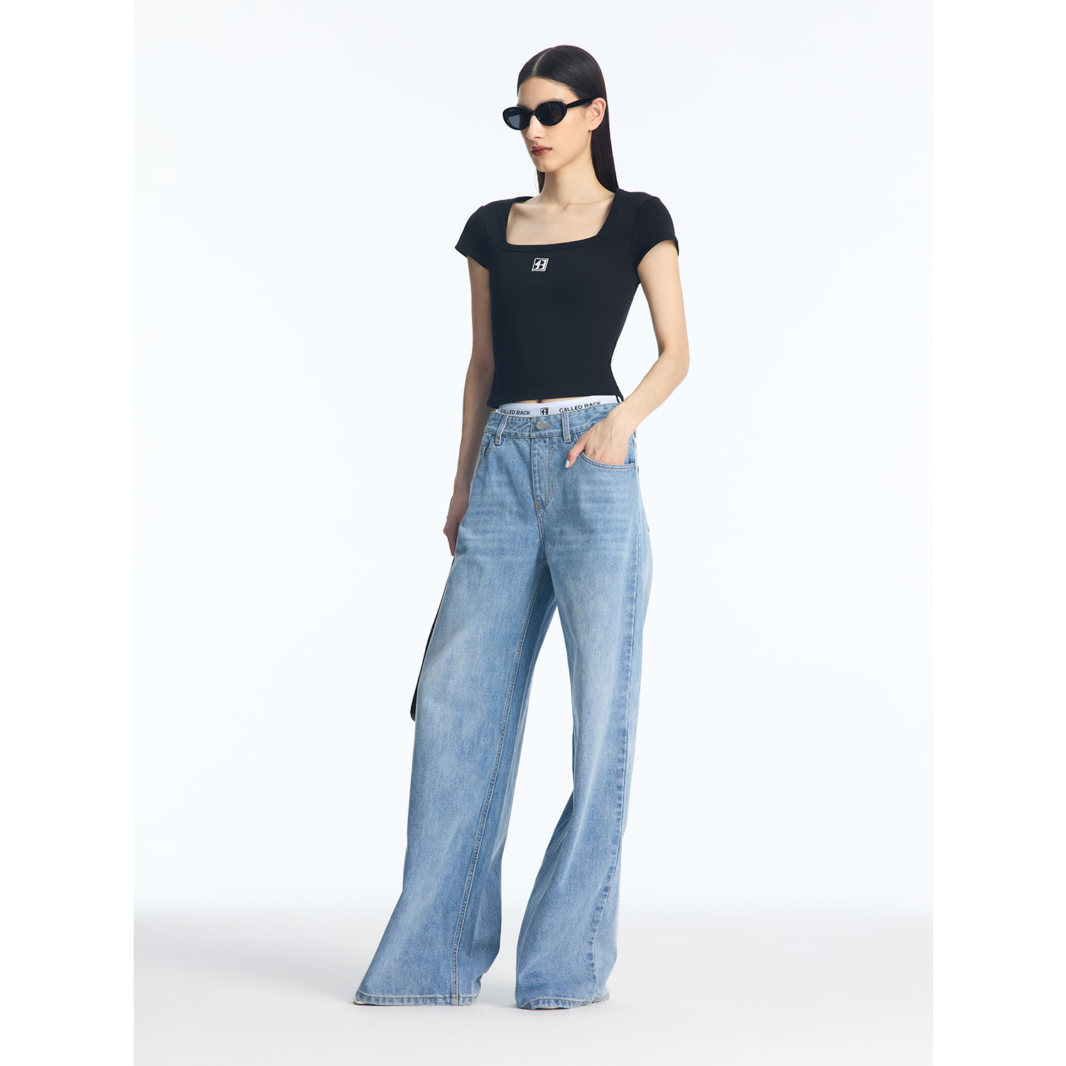 CALLED BACK官方直营2025夏季新款方领短袖T恤女修身短款百搭上衣 - 图0