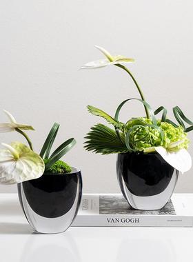 现代轻奢玻璃花器花艺摆件样板房桌面装饰花瓶酒店茶几插花装饰品