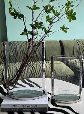 现代简约金属包边玻璃花器餐厅花瓶摆件样板房客厅玄关饰品装饰