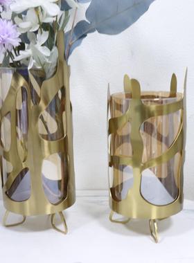 轻创意个性铁艺电镀镂空花瓶摆奢件干饰花铁艺镂空插花器桌婚庆装