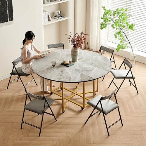 轻奢岩板折叠餐桌小户型家用圆形吃饭桌简约可收纳餐桌椅组合圆桌 - 图1
