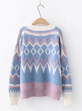 Women Fashion Autumn Winter Warm Geometric patterns O-Neck W