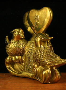 铜心心相印鸳鸯摆件黄铜喜结良缘铜鸳鸯家居卧室装饰结婚礼品桌面