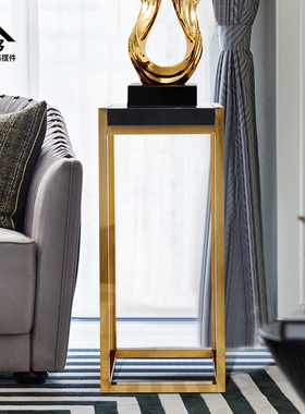 客厅边几角几轻奢现代风花几酒店雕塑展示台不锈钢架子大理石底座