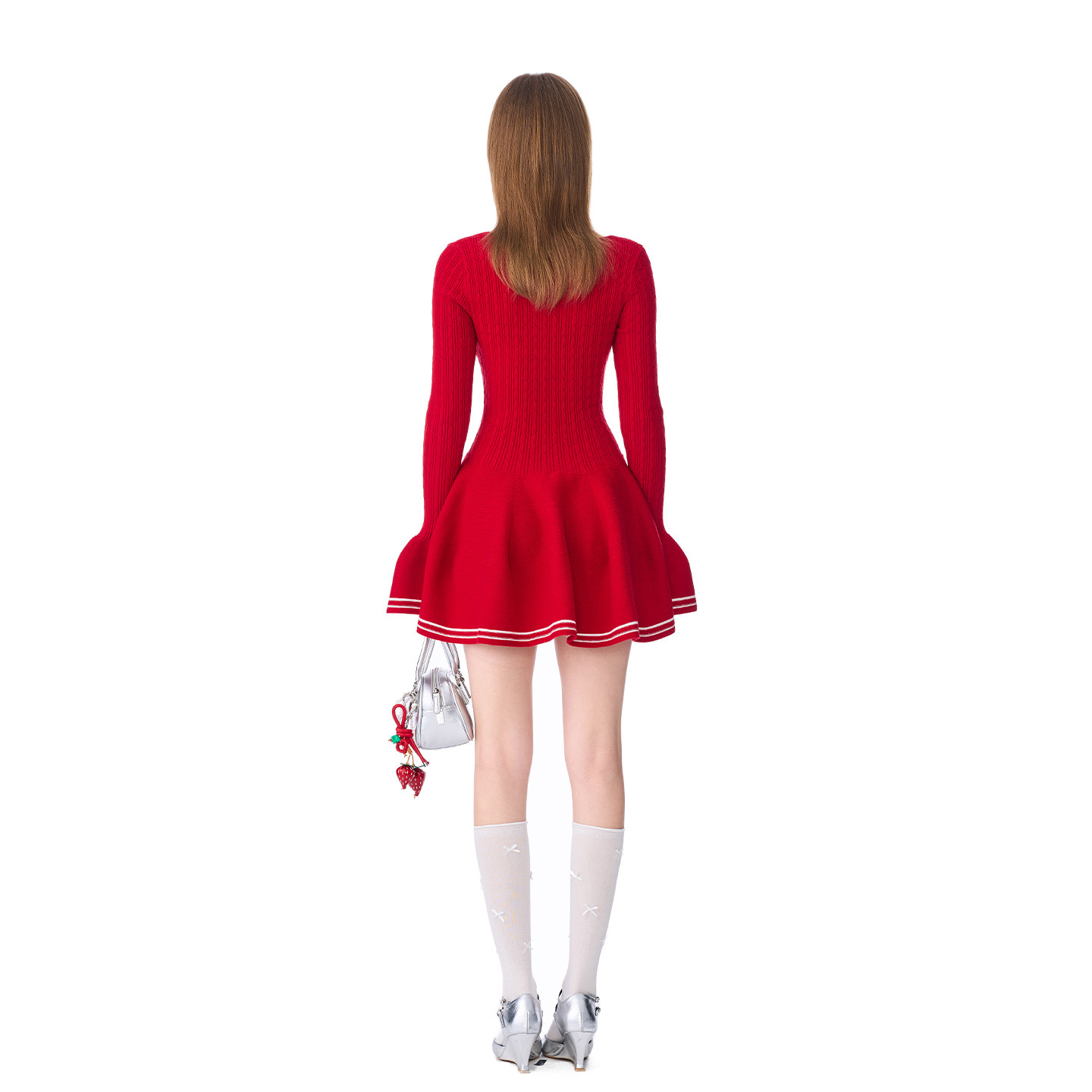 ANDREA MARTIN2025新款学院风假两件V领针织长袖连衣裙女修身显瘦