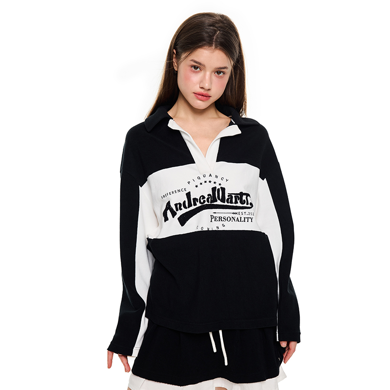 ANDREA MARTIN秋冬新款黑白撞色毛巾刺绣logo休闲运动polo衫外套 - 图2