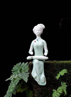 精品青瓷手工仕女陶瓷禅意博古架电视柜中式人物家居装饰品小摆件