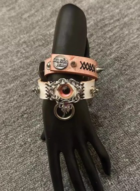 纯手工小众亚文化皮质手环朋克暗黑可叠戴甜妹废土风古着饰品项圈