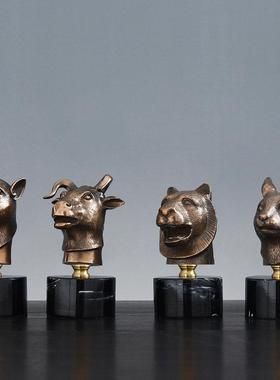 中式冷铸铜十二生肖兽首摆件全套龙年吉祥物鼠牛虎马猪家居装饰品