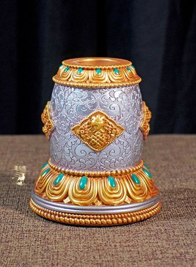 彩绘树脂手绘八吉祥雕花手摇底座家用转轮锡杖转金筒底座家居摆件