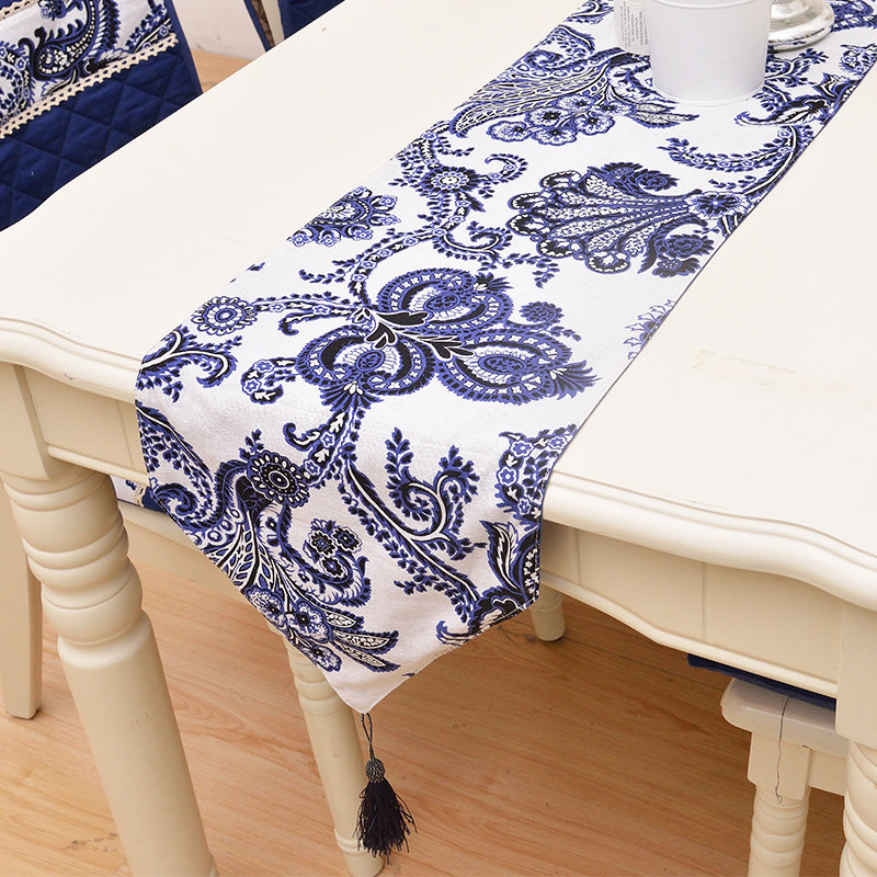 中式新古典民族布艺亚麻蓝色印花桌旗 茶几餐桌布艺软饰台布 床旗,淘宝优惠券,粉丝福利购,淘宝优惠卷