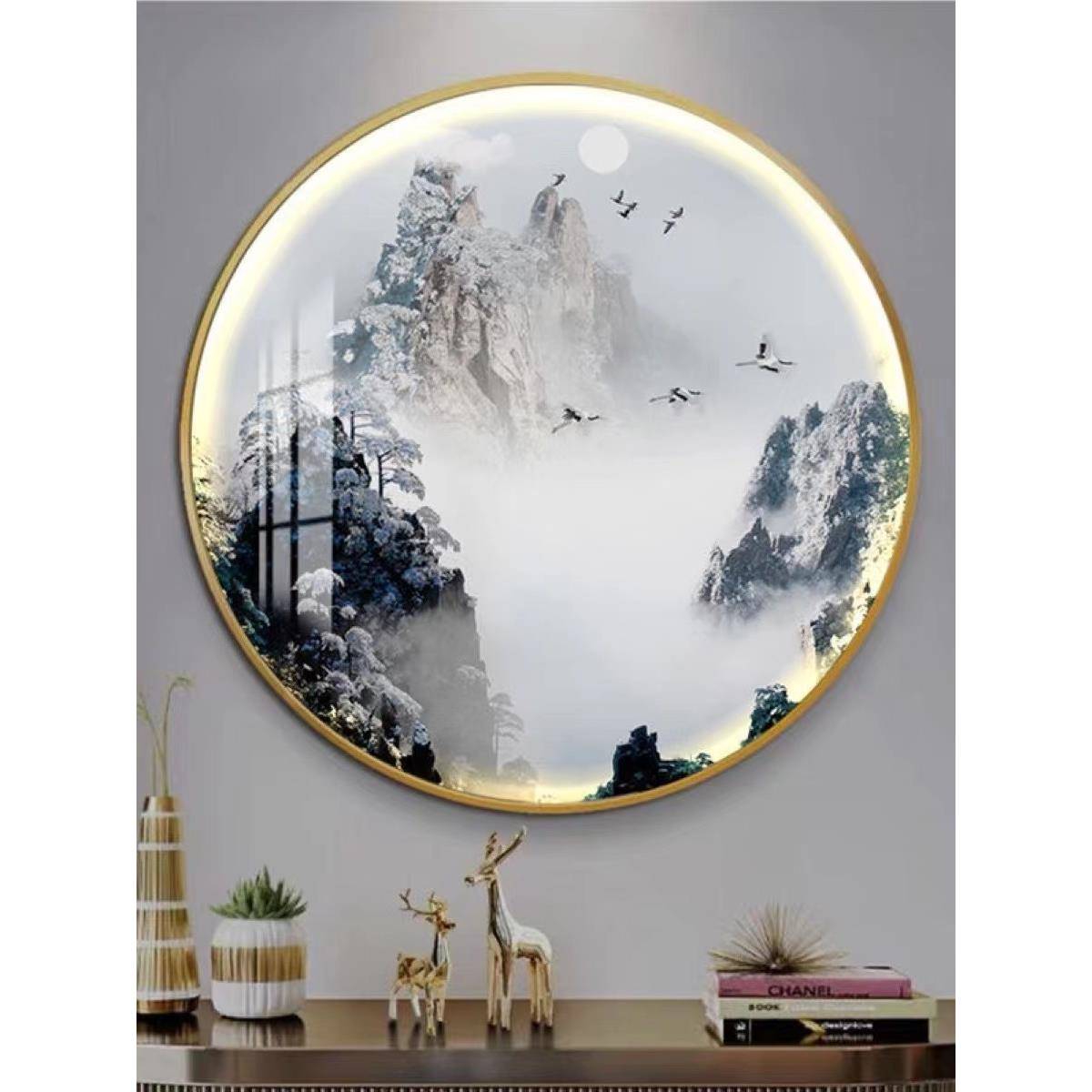 新中式圆形灯画玄关书房背景装饰画水墨风景意境山水茶室圆挂画 - 图2