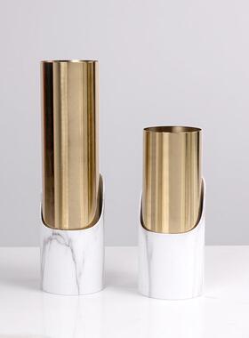 现代轻奢艺术金属圆筒花器摆件仿大理石干花花瓶家居样板房装饰品