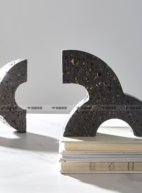 现代简约黄洞石几何书档摆件样板间装饰品书房办公室大理石书靠