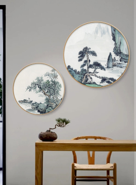 好货新中式青山绿水风景装饰画玄关圆形禅意水墨壁画过道山水主题