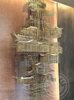 中式意境山水阁楼建筑装置高端酒店玄关装饰画立体艺术售楼处摆件