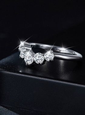 澄一珠宝S925银镀18k金ins叠戴风半圈圆形排戒V形全莫桑钻戒指