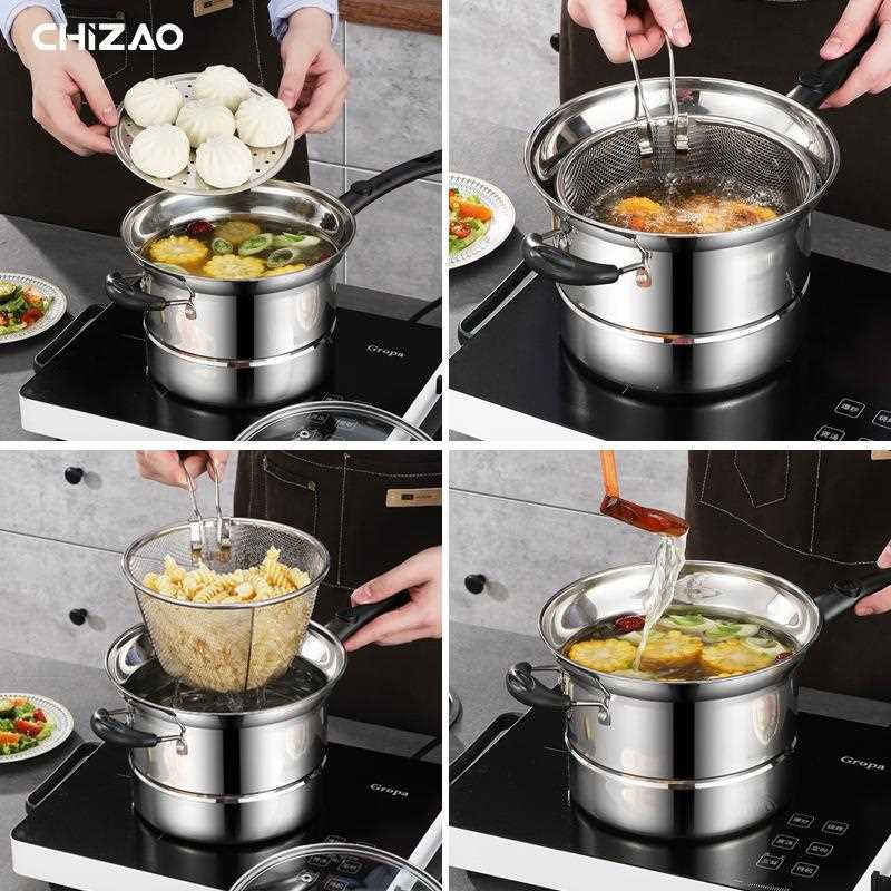 亚马逊跨境不锈钢油炸锅家用多功能汤锅蒸炸煮捞面条锅礼品 - 图0