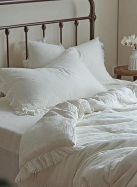 简约轻奢纯色流苏花边双层皱皱纱全棉四件套亲肤床单被套床上用品