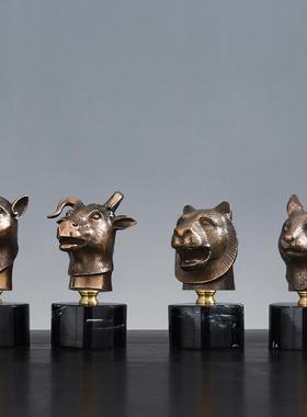 中式冷铸铜十二生肖兽首摆件全套龙年吉祥物鼠牛虎马猪家居装饰品