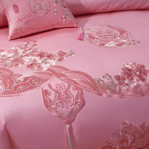 140支全棉长绒棉刺绣花粉色婚庆结婚四件套喜被床上用品六十件套 - 图1