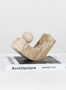 简约创意侘寂风黄洞石圆球几何弯形摆件样板房售楼处玄关客厅饰品