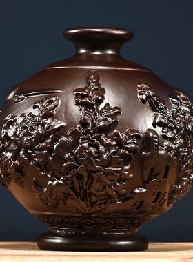 速发黑檀木雕刻花开富贵花瓶摆件喜上眉梢礼居客装插花厅饰工艺家