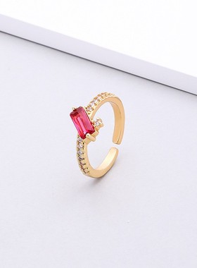 铜镶彩色单排锆石金色开口戒指女韩版ins可调节饰品戒指戒子手饰